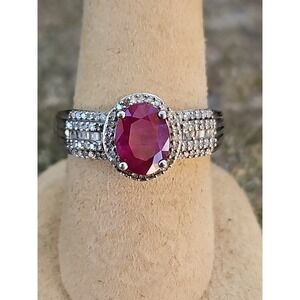 Sterling Silver Niassa Ruby Diamond Ring 9mmx6mm Halo Estate STS 925 Size 9 (A)